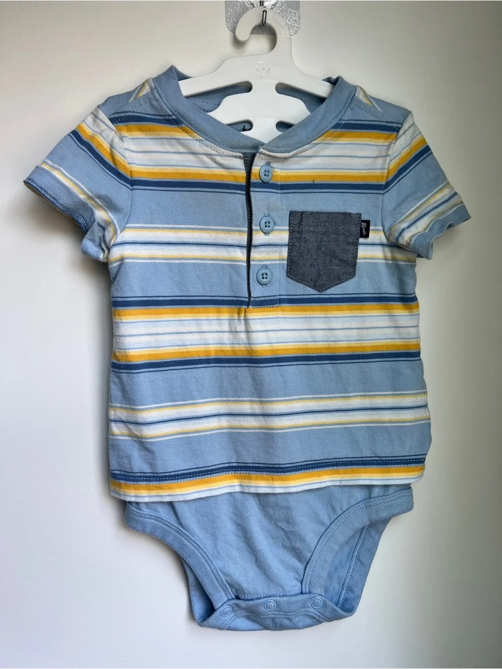 Baby B’gosh 12M Striped Henley Bodysuit Blue Yellow Short Sleeve